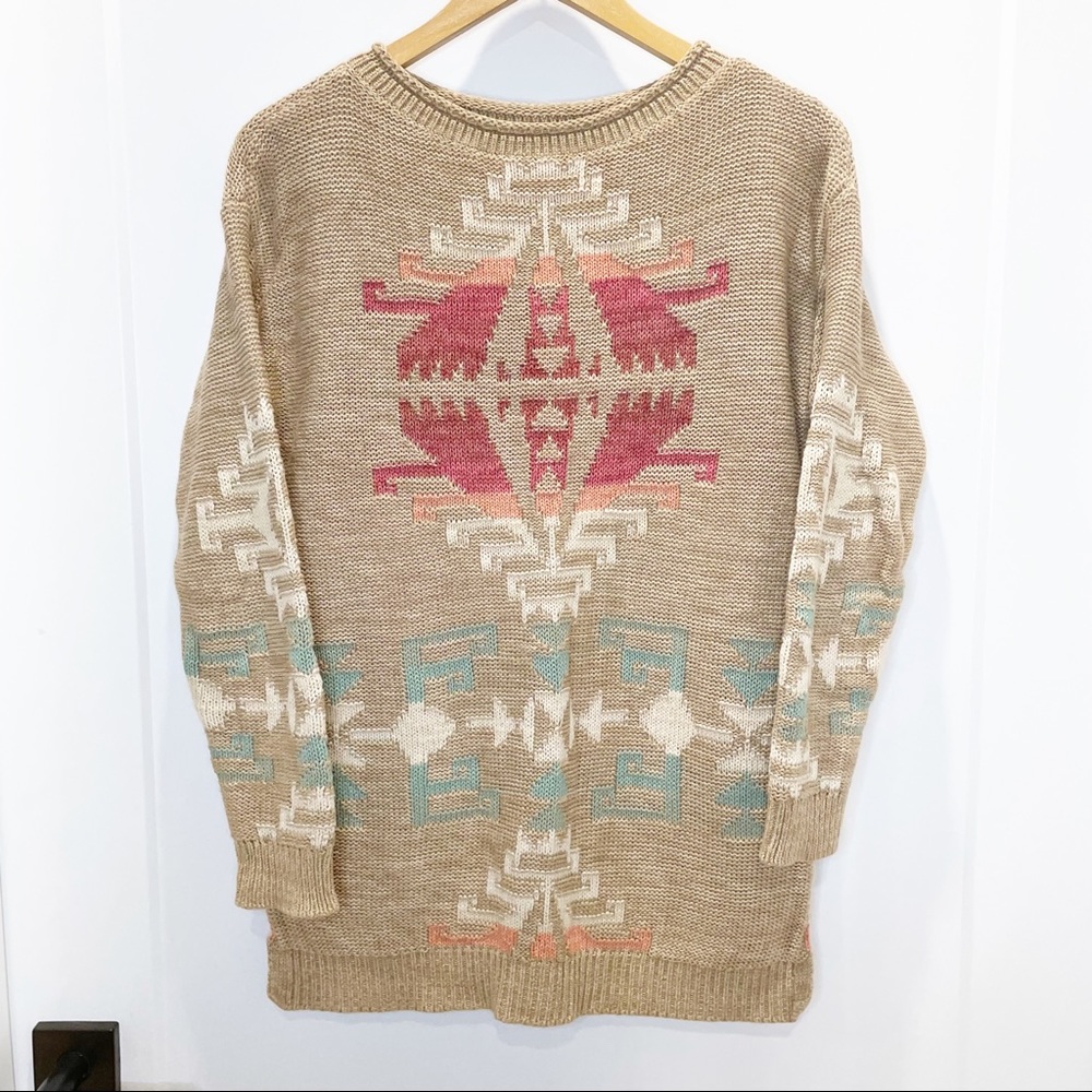 Lauren Ralph Lauren Tan Aztec Sourthwest Rollneck Linen Blend Knit Sweater